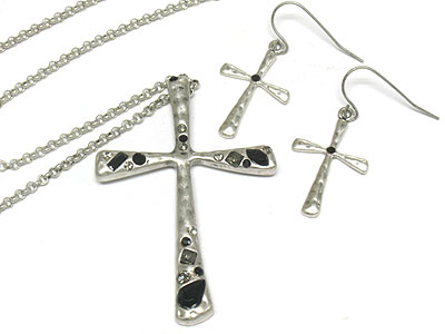 Crystal deco antique metal cross pendant necklace and earring set  