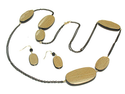 Multi wood disk long necklace and earring set