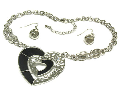 Metal dual heart pendant with crystal and double chain necklace and earring set 