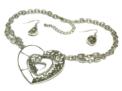 Metal dual heart pendant with crystal and double chain necklace and earring set 