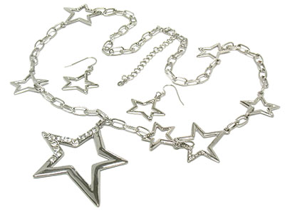 Metal star pendant with crystal stone necklace and earring set 