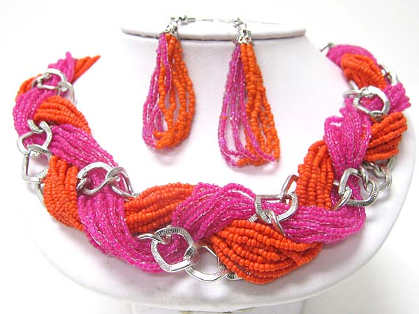 Braided seed beads and metallic link necklace earring set