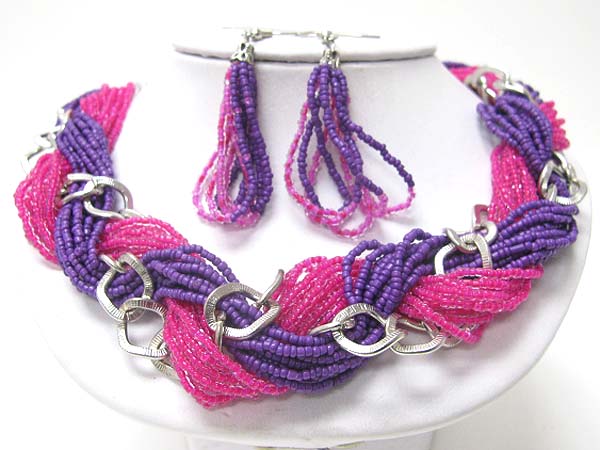 Braided seed beads and metallic link necklace earring set