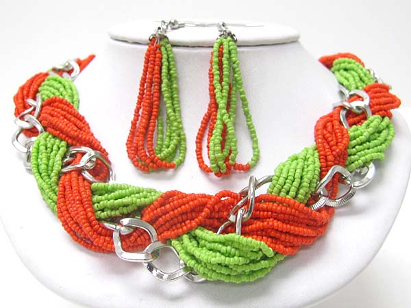 Braided seed beads and metallic link necklace earring set