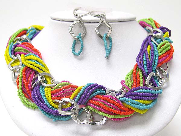 Braided seed beads and metallic link necklace earring set