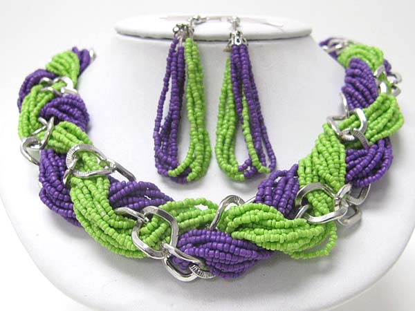 Braided seed beads and metallic link necklace earring set