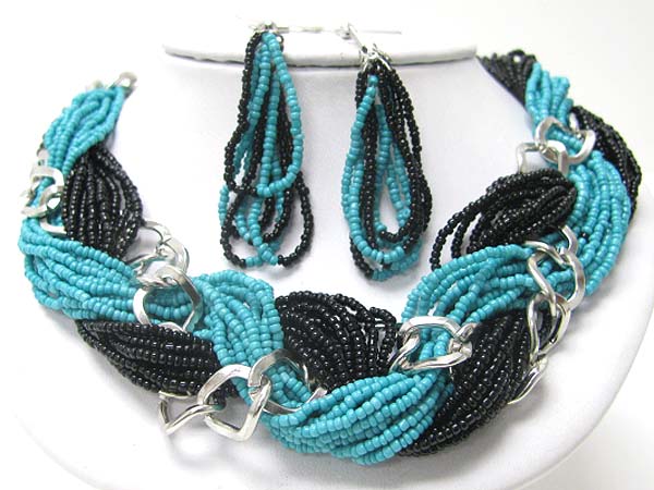 Braided seed beads and metallic link necklace earring set