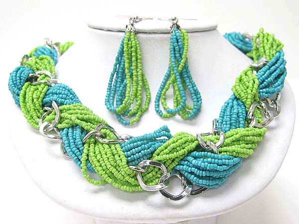 Braided seed beads and metallic link necklace earring set