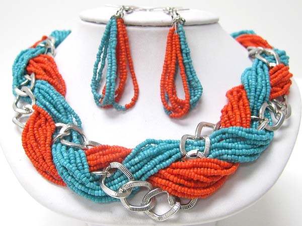 Braided seed beads and metallic link necklace earring set