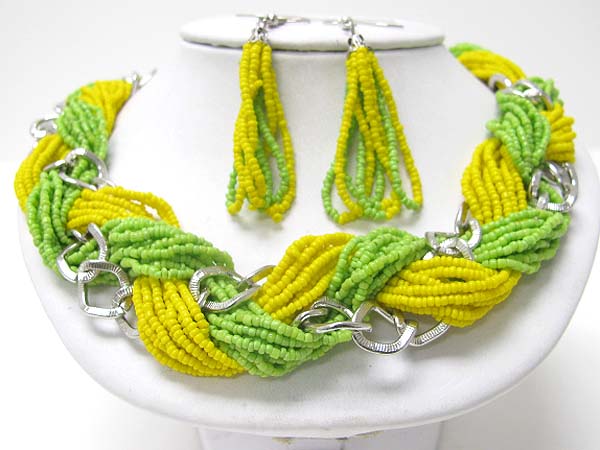 Braided seed beads and metallic link necklace earring set