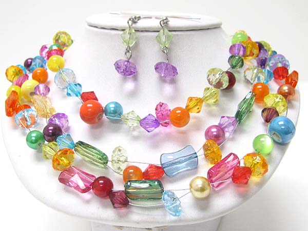 Mixed beads invisible 3 line neckalce earring set