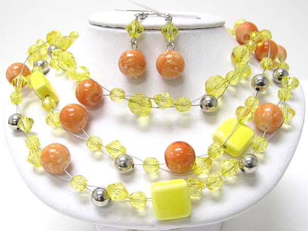 Mixed beads and metal ball invisible 3 line neckalce earring set