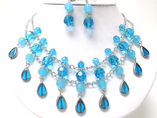 3 level glass beads drape neckalce earring set