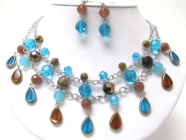 3 level glass beads drape neckalce earring set 