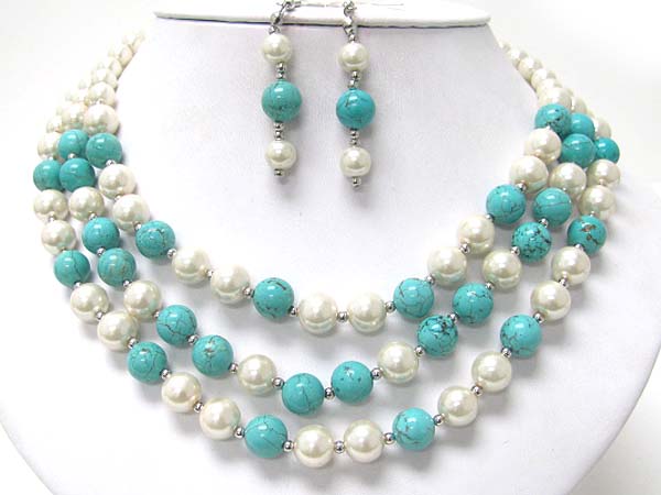 3 row pearl and turquoise neckalce earring set