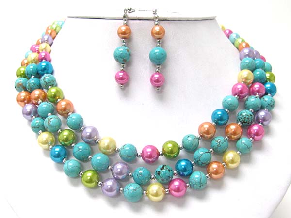 3 row pearl and turquoise neckalce earring set