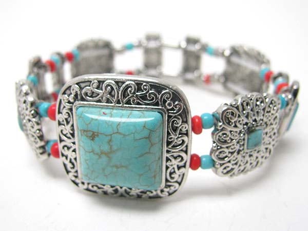 Turquoise deco filigree metal stretch bracelet