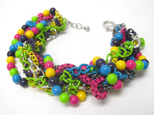 Mixed beads and colored chain tangle link bracelet