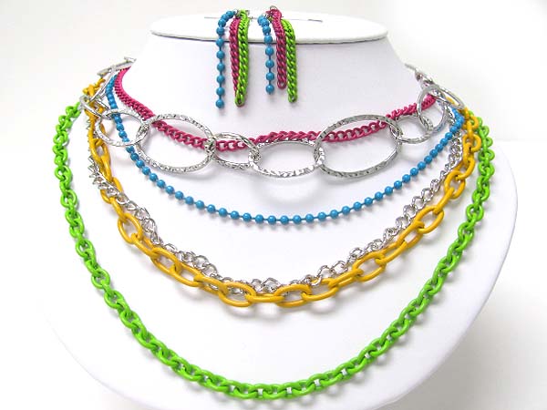 Multi row colored chain neckalce earring set