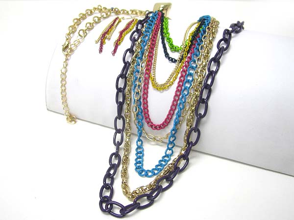 Multi row colored chain long necklace earring set 