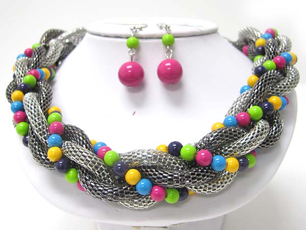 Color beads and metal tube chain braided necklace earring set