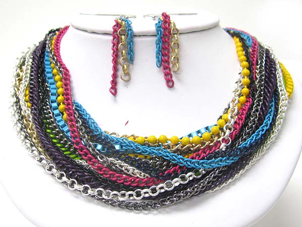 Multi row colored chain necklace earring set 