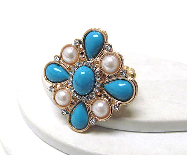 Crystal pearl with tear drop acryl stone patern stretch ring