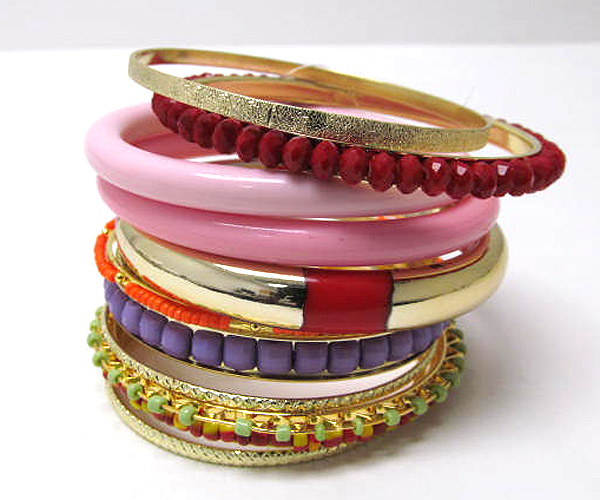 Multi seed beads and mixed stone metal and wooden 12 set bangle