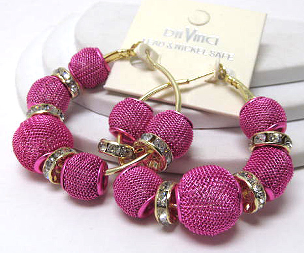 Small hoop crystal rondelle and colored metal mesh ball basketball wives inspired earring - hoops