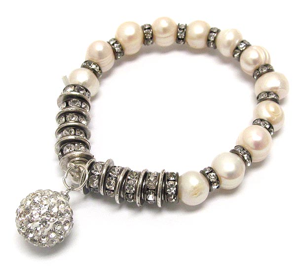 Crystal ball and multi crystal rondell and pearl stretch bracelet