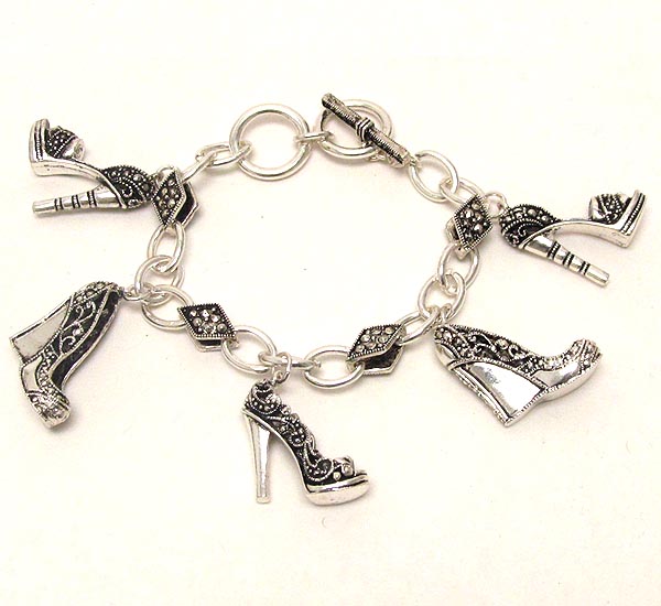 Marcasite textured shoe theme charm bracelet