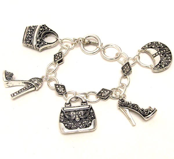 Marcasite textured shoe and bag theme charm bracelet