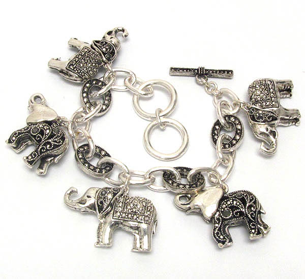 Marcasite textured elephant theme charm bracelet