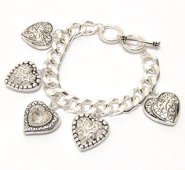 Facet glass and multi heart charm bracelet