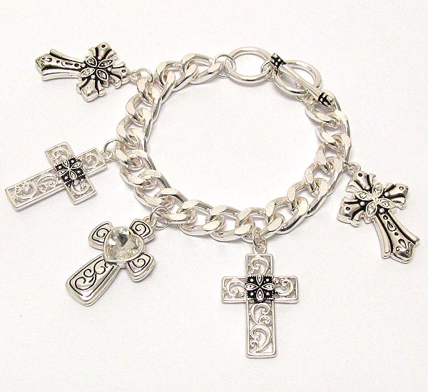 Crystal deco multi cross charm bracelet