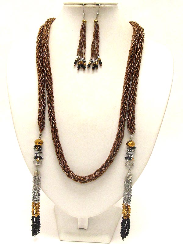 Multi glass stone deco and braided seed bead long necklace and earring set