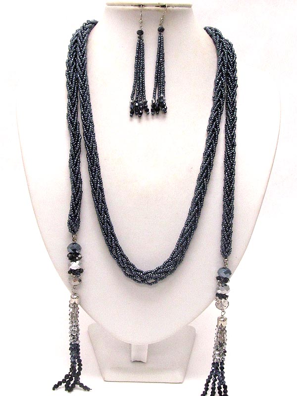 Multi glass stone deco and braided seed bead long necklace and earring set