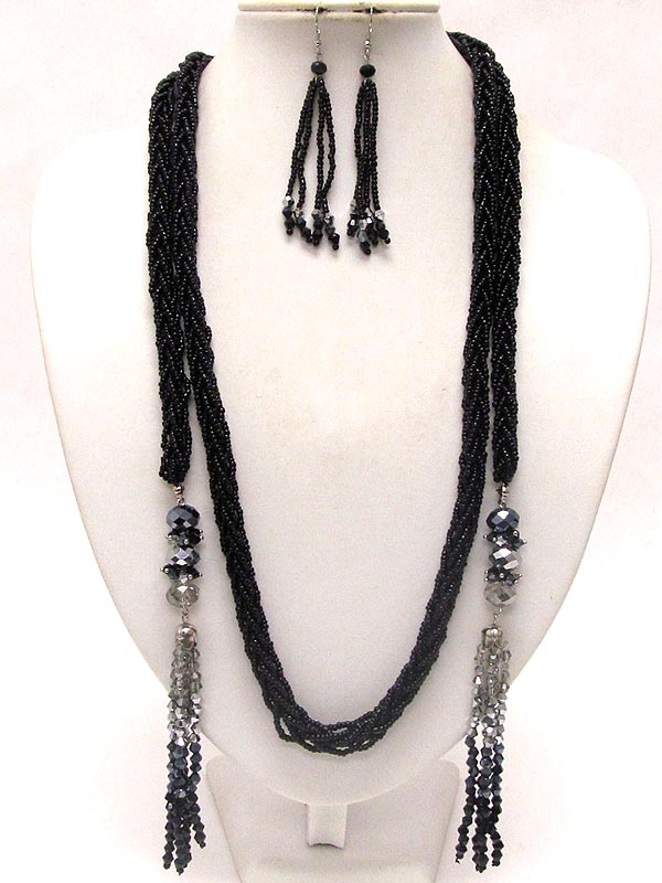 Multi glass stone deco and braided seed bead long necklace and earring set