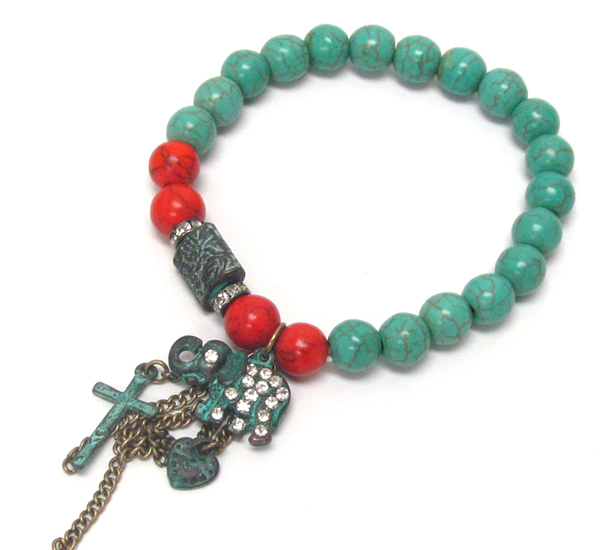 Crystal deco hamsa and cross dangle and turquoise ball stretch bracelet