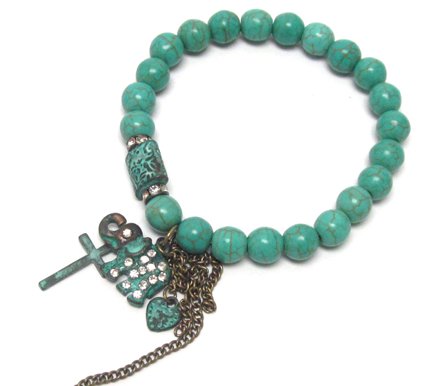 Crystal deco hamsa and cross dangle and turquoise ball stretch bracelet