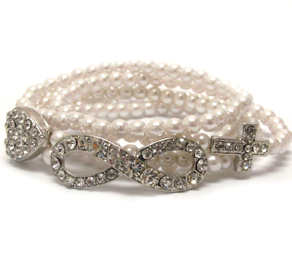 Crystal deco cross heart and infinite pearl bead stretch bracelet - set of 5