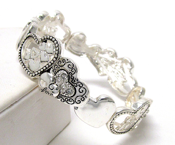 Crystal and message deco multi heart filigree stretch bracelet