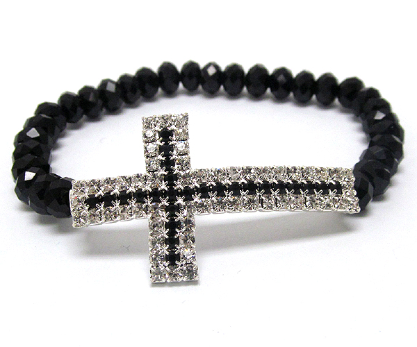 Dual color crystal cross and glass bead stretch bracelet