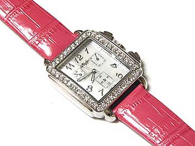 Designer style crystal frame genuine leather band watch