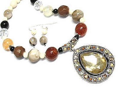 Natural stone beads and crystal and beads deco pendant necklace and earring set