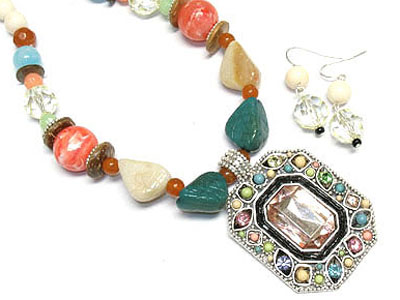 Natural stone beads and crystal and beads deco pendant necklace and earring set