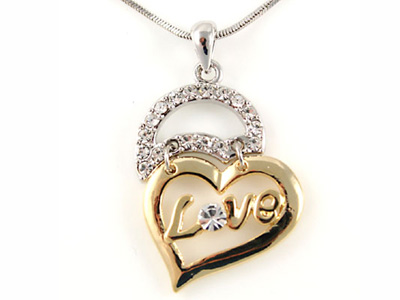 Made in korea whitegold plating crystal two tone love heart necklace