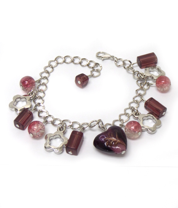 Murano glass heart and ball charm bracelet