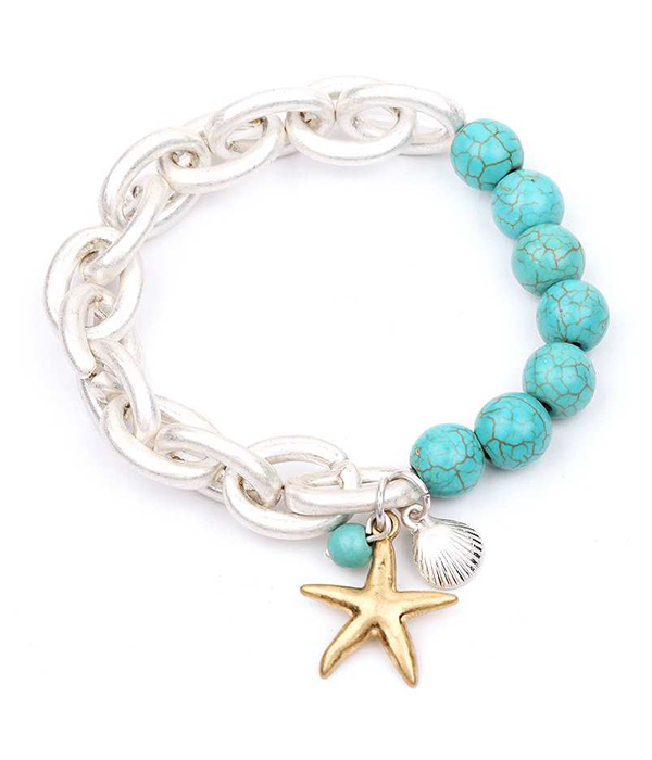 Turquoise ball and metal chain starfish charm stretch bracelet