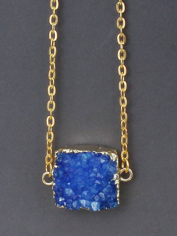 Gold wrap semi precious druzy stone pendant necklace - square